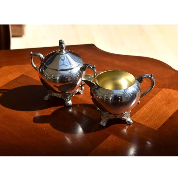 Vintage B Rogers Silverplate Cream Sugar Set Footed Gilt Interior 1224 - Picture 3 of 9